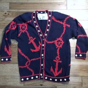VINTAGE Navy red nautical cardigan sweater large
